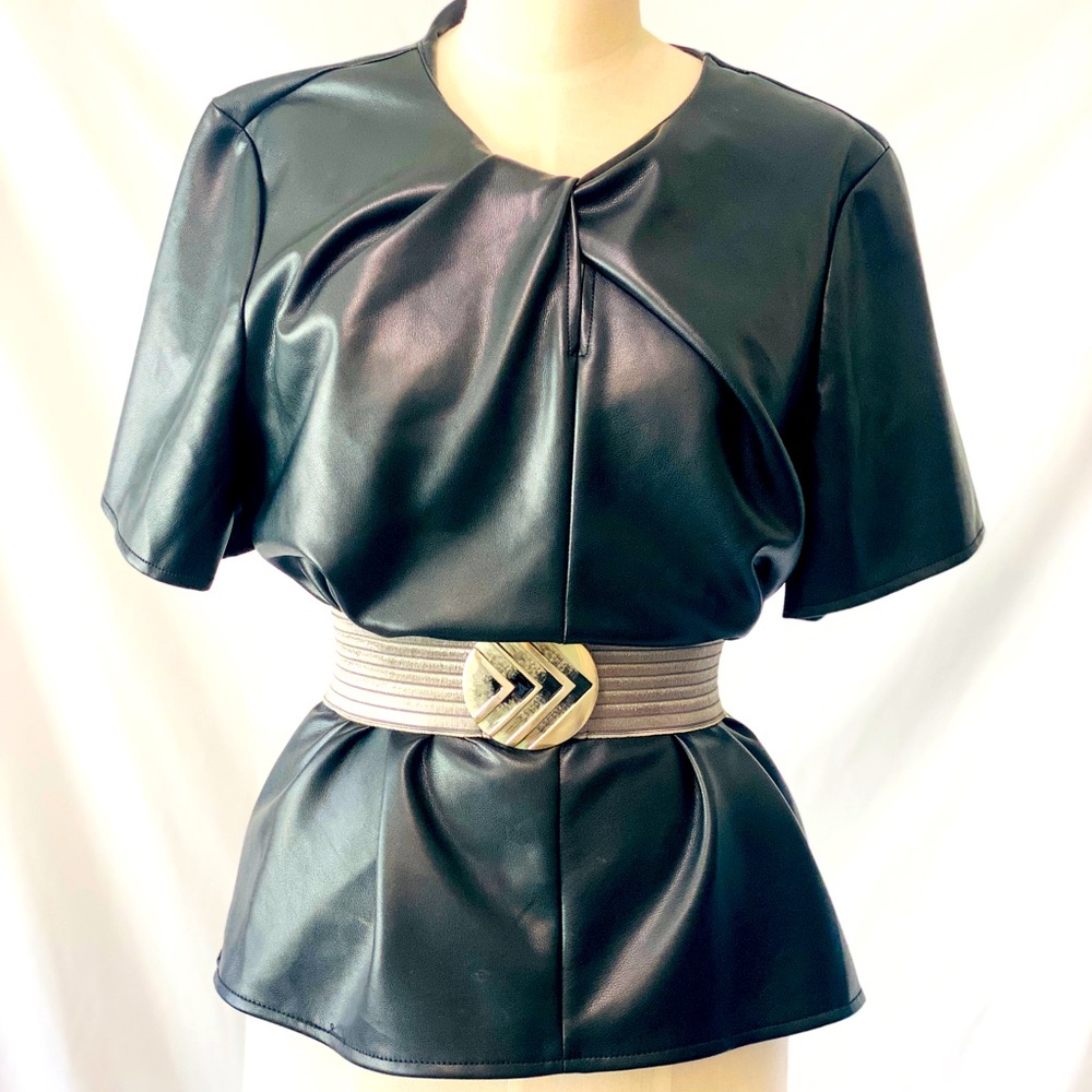 Andrew Marc Black Faux Leather Peplum Top